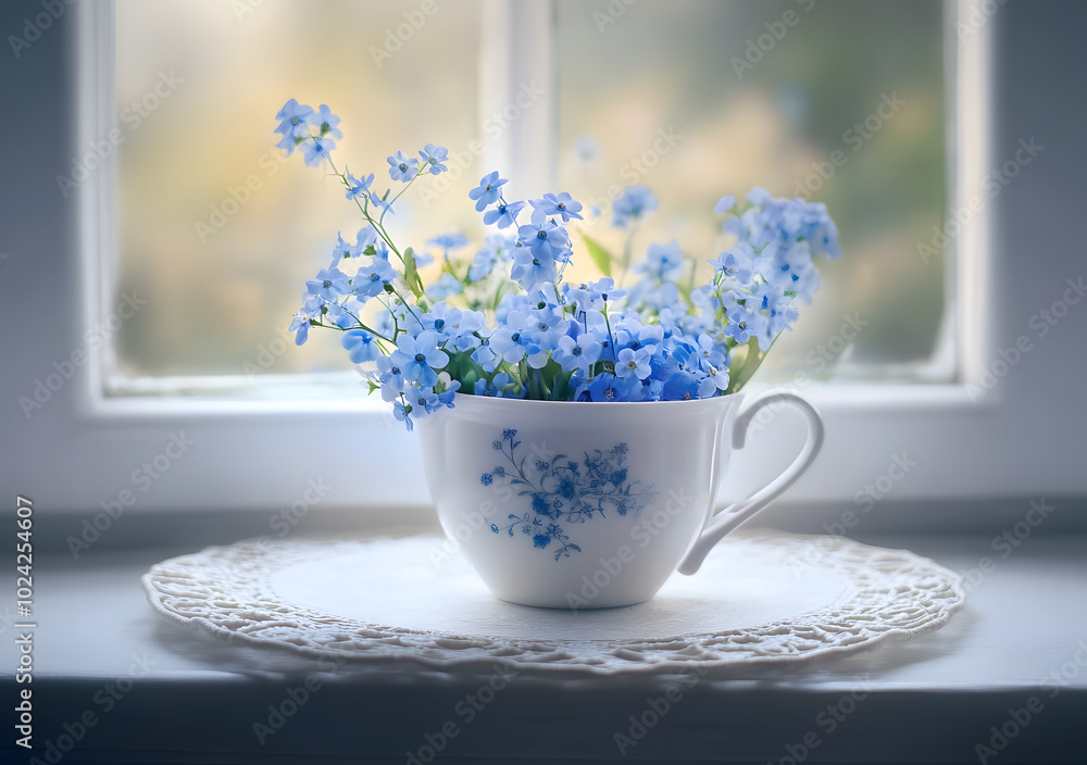 Poster Blue flowers of a forget-me-not in a cup in a window on a lacy tray.