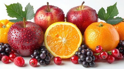 A fresh assortment of apples, oranges, berries, and grapes with leaves, placed against a white background.

