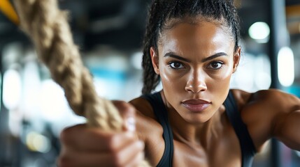 Obraz premium A close-up of a strong woman swinging battle ropes with full focus, her expression showing dedication, as she exercises in a well-lit gym environment.
