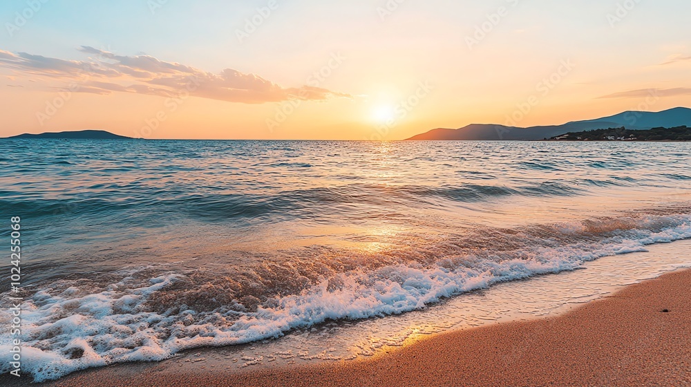 Poster serene beach scene at sunset with a distant mountain range and tranquil waves.