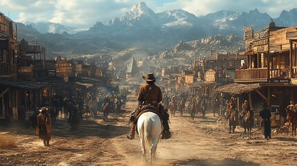 A lone cowboy rides through a bustling western town, with snow-capped mountains in the background.