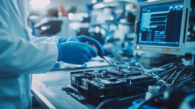 A close-up of a technician's hands using specialized tools to test and calibrate a car battery module, with lab equipment and diagnostic monitors visible in the surrounding lab environment.