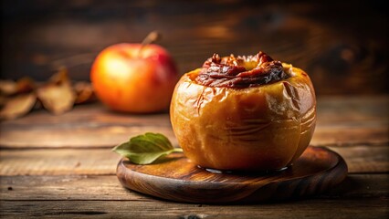 Warm baked apple pie on table from worm's eye view