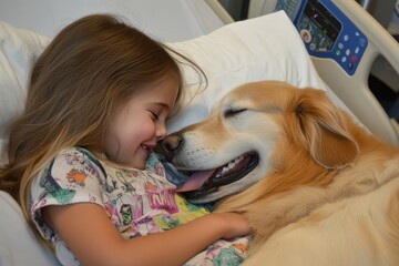 A close-up of a therapy dog providing comfort to a child in a hospital bed, with the child smiling and petting the dog.