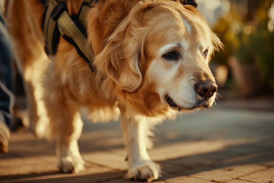 A close-up of a therapy dog helping an injured animal walk, gently guiding it as part of a rehabilitation program.