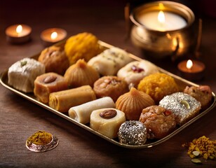 A festive image that evokes the spirit of Diwali, featuring a platter of colorful Indian sweets