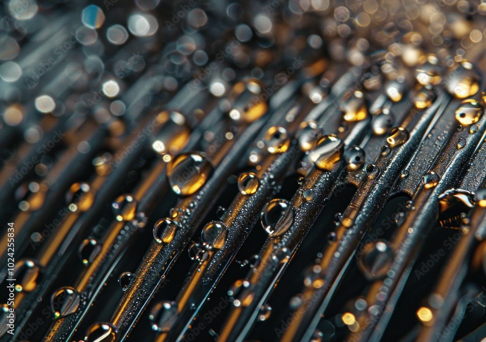 Poster rain droplets on metallic surface, creating a beautiful abstract pattern with rich colors the blurre