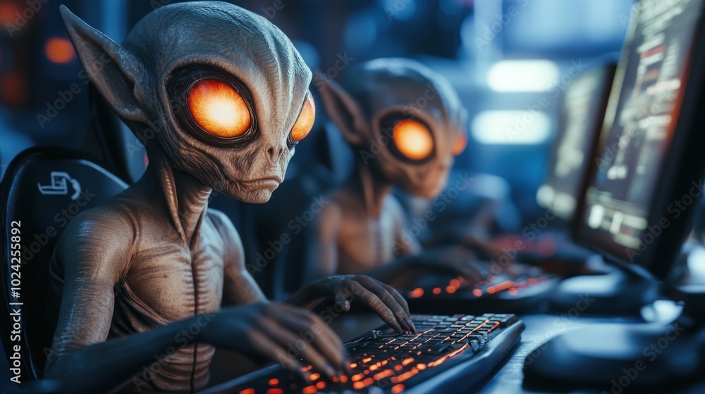 Poster two aliens working on computers in a futuristic setting.