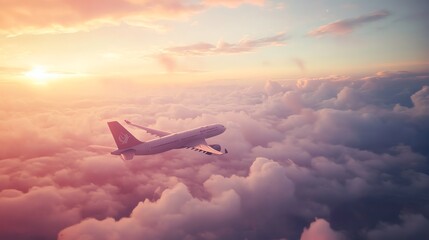 An airplane flies above the clouds at sunset.