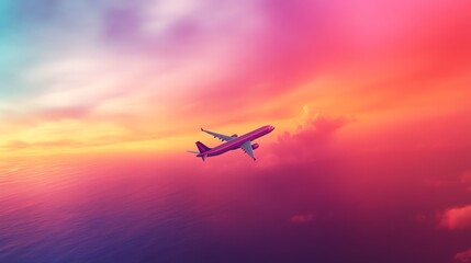 Obraz premium Airplane flying in a colorful sunset sky.