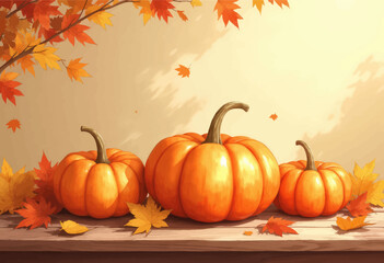 Autumn Pumpkins and Leaves on Wooden Table