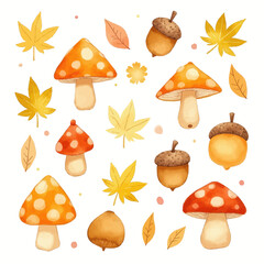 Autumn Watercolor Pattern: Mushrooms, Leaves, Acorns  
