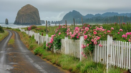 A serene coastal landscape featuring a winding road, white picket fence lined with blooming pink flowers, and a distant view of a large rock formation against a misty sky

