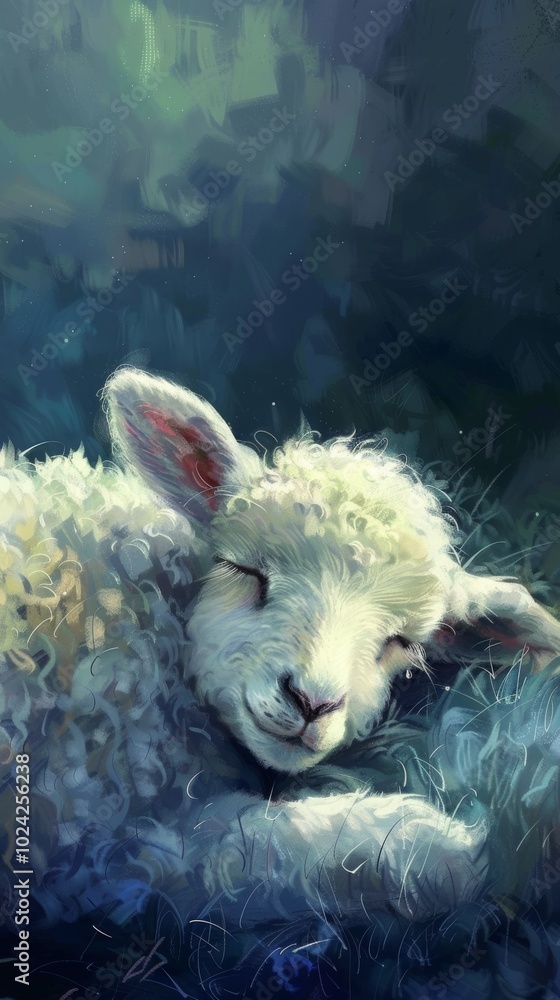 Poster a painting of a sheep sleeping in a field. the sheep is white and has its head resting on its chest