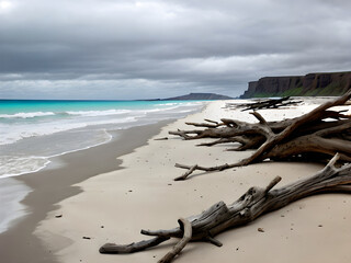 Abandoned beach with driftwood
