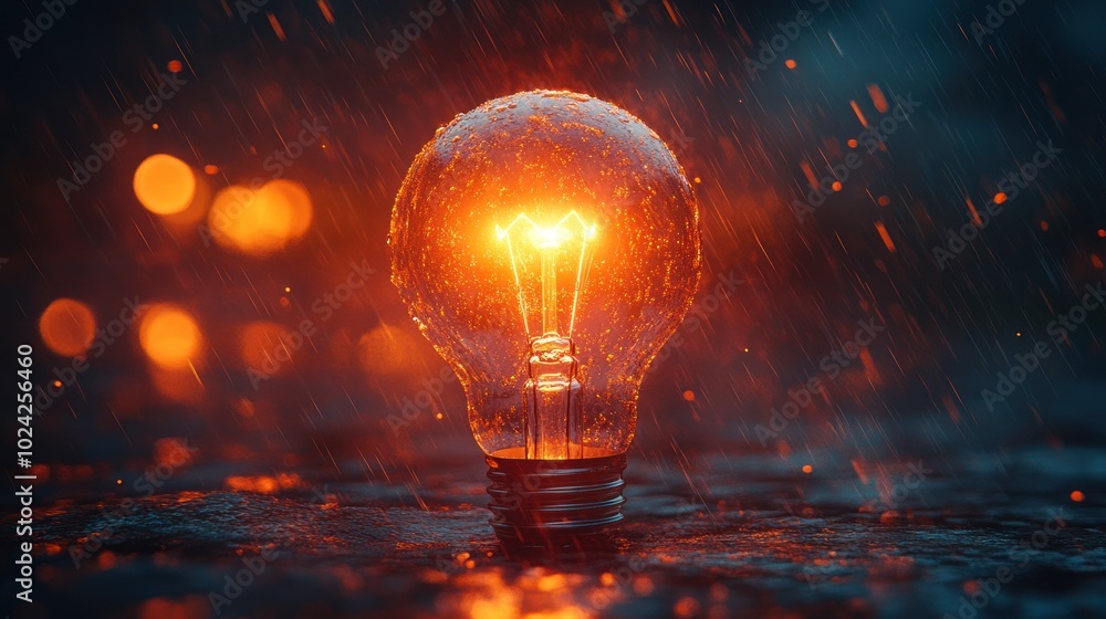 Poster a glowing lightbulb with water droplets on it, surrounded by a dark background with orange bokeh lig