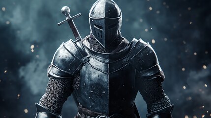 Fototapeta premium A knight in full armor stands with a sword in a dark, smoky environment.