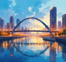 Fototapeta premium Cityscape with Arch Bridge and Boat 