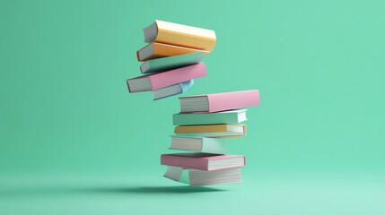 Fototapeta premium Stack of colorful books floating in mid-air against a green background.