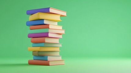 A stack of colorful books on a green background.