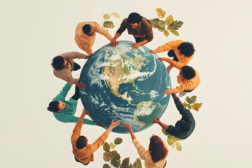 multiracial people hold hands around earth globe, earth day, white background,