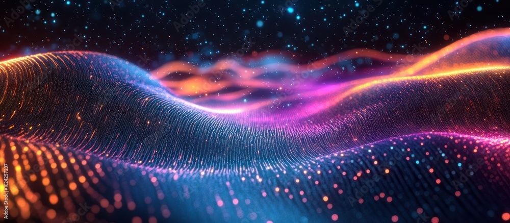 Wall mural abstract background with colorful glowing particles and lines.