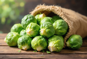 Fototapeta premium Fresh Brussels Sprouts in Burlap Bag on Wood Table