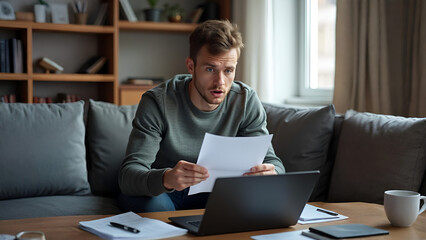 Obraz premium Young Man Reacting to Shocking Financial Documents at Home