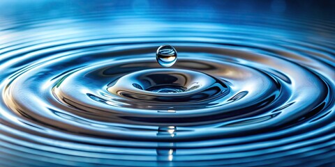 Water drop with droplet and rings on surface in a bluish background, tilted angle