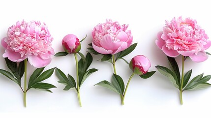 Fototapeta premium Pink peonies at various stages of bloom arranged in a row against a white background, highlighting their soft petals and natural beauty. 