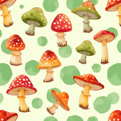 Mushrooms and Green Circles Seamless Pattern 
