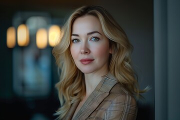 Fototapeta premium Beautiful and confident businesswoman portrait in modern office setting, professional female leader, corporate executive, empowered entrepreneur, success and empowerment in the workplace
