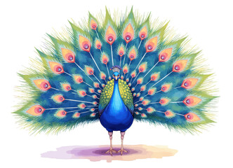 Peacock with Spread Tail Feathers Watercolor Illustration 
