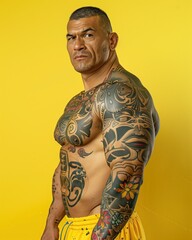 Obraz premium Muscular Tattooed Man in Yellow Shorts