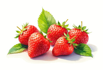 Ripe Red Strawberries with Green Leaves on White Background  
