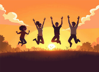 Silhouettes of Friends Jumping at Sunset 
