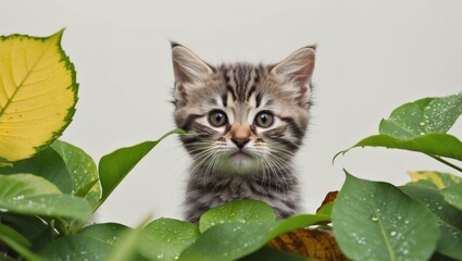Curious Kitten Peeking from Green Foliage.