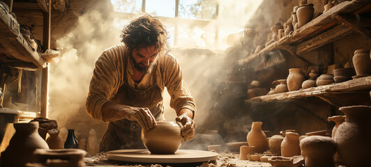 A male ceramic artist is concentrating on his craft