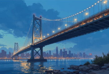 Fototapeta premium Suspension Bridge over City Skyline at Dusk 
