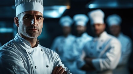 A confident chef stands in a kitchen with fellow chefs in the background, showcasing teamwork.