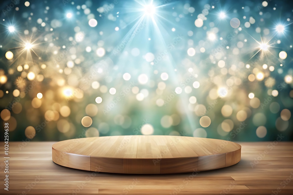 Poster elegant wooden stage with sparkling bokeh background