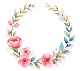 Fototapeta premium Watercolor Floral Wreath with Pink Flowers and Green Leaves