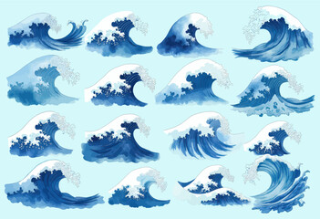 Fototapeta premium Watercolor Ocean Waves Clip Art Set