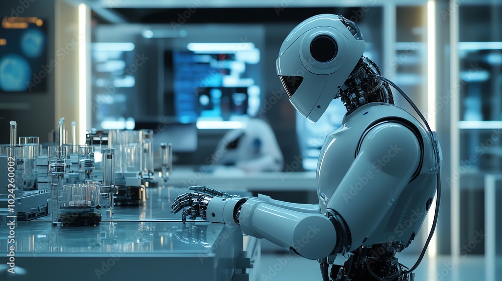 Aufkleber white humanoid robot working in a laboratory with test tubes.