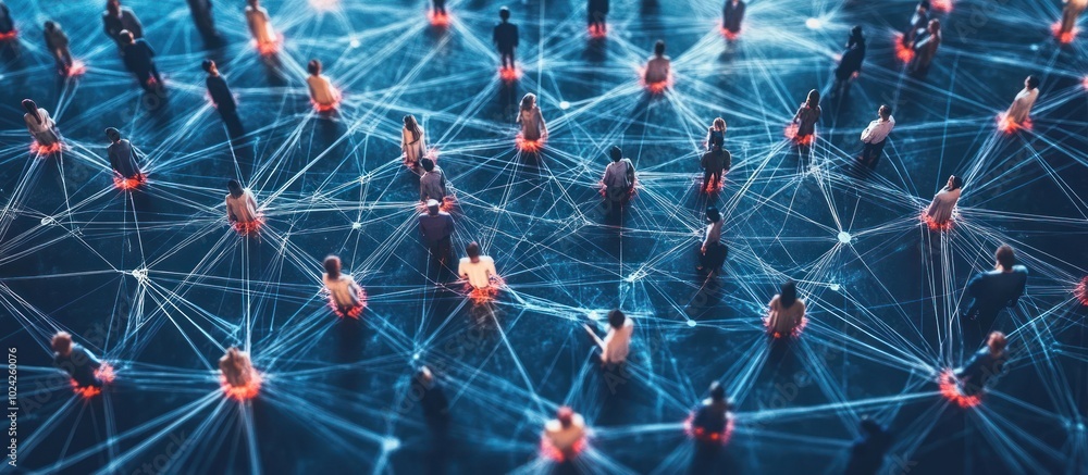 Poster a network of interconnected people represented by small figures, linked by glowing lines, symbolizin