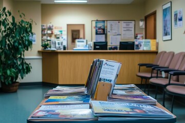 waiting area with magazines and brochures neatly arranged on a table, and patients quietly waiting to be called.