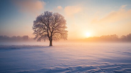 A solitary tree stands in a snowy field as the sun rises on the winter solstice morning