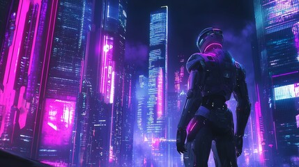 A futuristic cyborg stands tall in a neon-lit city, gazing at the towering skyscrapers.