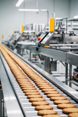 Efficient cookie production line featuring biscuits on conveyor belt in a busy confectionery factory.