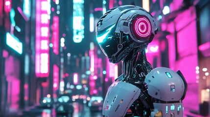 A futuristic robot stands in a neon-lit city.